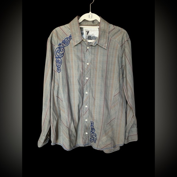 Johnny Was Other - Johnny Was Gray Plaid Shirt with Blue Embroidery
